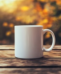 Blank white mug mockup on an outdoor picnic table surrounded by fresh air and nature.