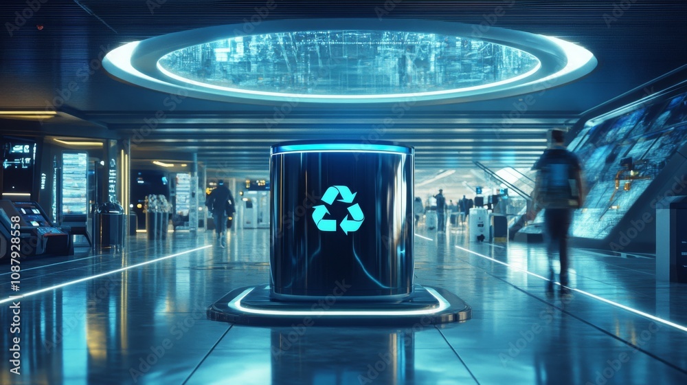 Poster a large, blue recycling bin is placed in the middle of a futuristic hallway. the bin has a glowing b