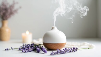Stylish ceramic essential oil diffuser releasing steam, accompanied by lavender sprigs and a lit candle, creating a relaxing and spa-like ambiance