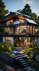 Fototapeta premium Modern architectural beauty of a sleek glass house with greenery, blending luxury and nature.