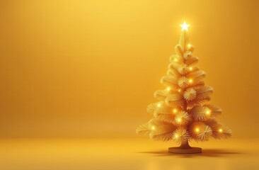 Shining golden Christmas tree adorned with warm lights and a glowing star, set against a yellow background with space for text, ideal for New Year and holiday themes