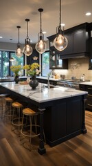 Modern kitchen featuring a sleek black design, pendant lighting, and elegant floral decorations.