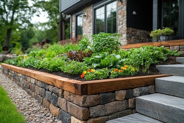 A lush vegetable garden grows in a raised bed with stone retaining wall and wooden trim, next to stone steps and a modern home.