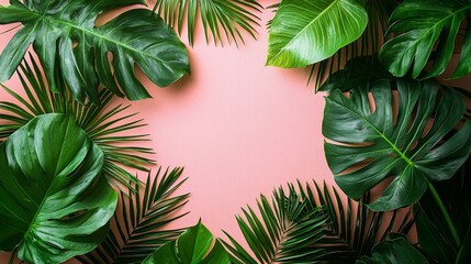 A vibrant arrangement of tropical leaves on a pink background, creating a fresh and lively aesthetic.