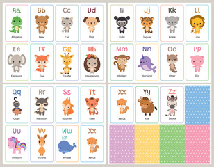 Cute animal alphabet cards printable template. Children ABC flash card set. Cartoon animals vector illustration. Simple letters learning cut file for kids English language education.