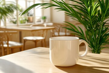 Blank white mug mockup on a stylish table in a cafe, with plants and cozy seating.