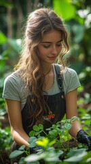 Fototapeta premium Young Caucasian woman nurturing plants in a lush garden, showing dedication and care for nature.