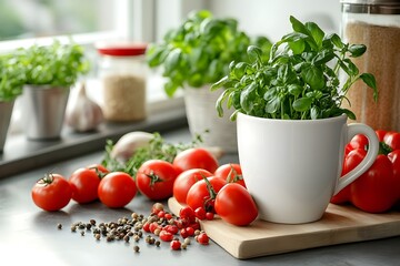 Blank white mug mockup in a bright kitchen environment surrounded by fresh ingredients and cooking utensils.