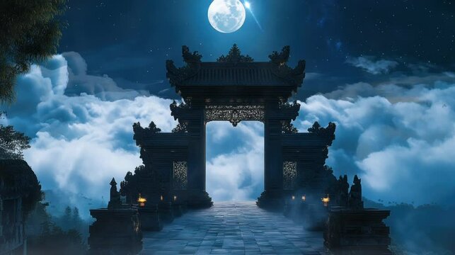 beautiful view of the gate at a height on a full moon night. seamless looping time-lapse virtual 4k video Animation Background.	
