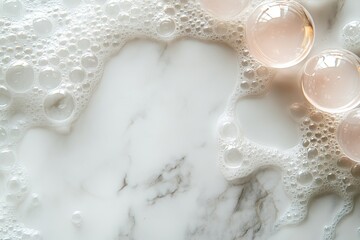 skincare advertisement, hydrating bubbles containing hyaluronic acid on a sleek marble backdrop, reflecting gentle natural light, perfect for text