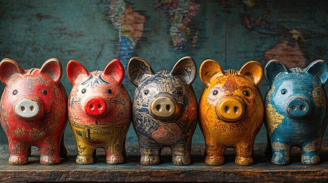 Five colorful piggy banks stand in a row on a wooden shelf in front of a world map background. - Powered by Adobe