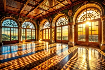Obraz premium Sunlit Elegance in an Expansive Room with Intricate Arched Wooden Windows and Tiled Flooring