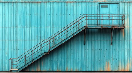 Metal fire escape stairs leading to a door on a turquoise corrugated metal wall.