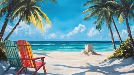 A vibrant beach scene with a colorful deck chair, a sandcastle nearby, and tall coconut palms swaying under a clear blue sky