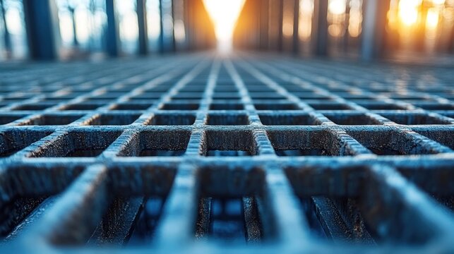 Metal grating walkway leading to a bright horizon.