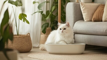 A cozy indoor setup featuring a white Persian cat near a stylish litter box, surrounded by minimalistic decor