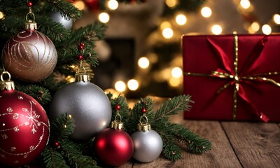 Obraz premium Whimsical Merry Christmas and Happy New Year Background with Golden Glitter, Snowflakes, and Festive Red Baubles for Warm Holiday Celebration Designs