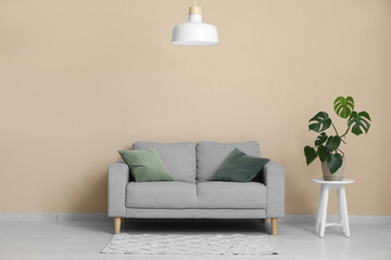 Stylish living room with grey sofa, coffee table, houseplant and hanging lamp