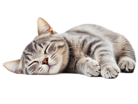 A gray striped cat peacefully sleeping on its side, showcasing its soft fur and relaxed expression in a serene setting - Powered by Adobe