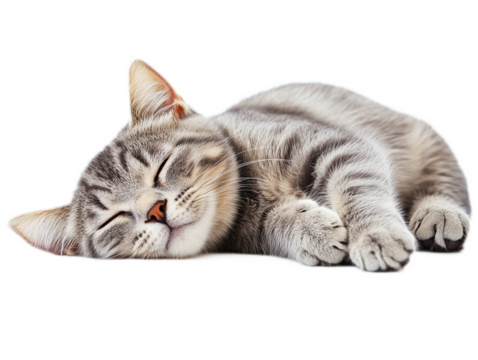 A gray striped cat peacefully sleeping on its side, showcasing its soft fur and relaxed expression in a serene setting