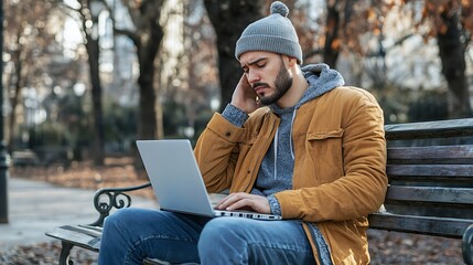 Fototapeta premium Worried entrepreneur using laptop on street bench