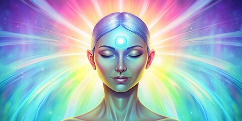  Watercolor illustration of a woman with a glowing center on her forehead.