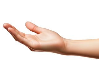 A relaxed open hand reaching out in a gentle gesture against a plain transparent background to convey welcome and openness