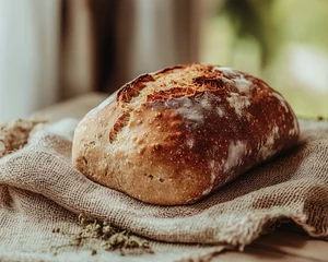 freshly baked spelt bread on a rustic table with natural light filtering through a window