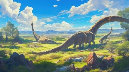 A herd of dinosaurs grazes in a lush green prehistoric landscape under a bright blue sky.