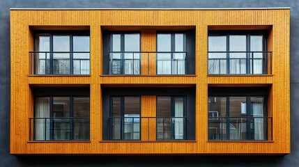 Fototapeta premium Modern apartment building facade with wooden panels and balconies.