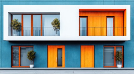 Modern apartment building facade with orange and white accents.