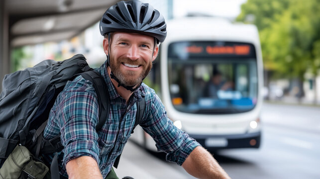 Cheerful cyclist with backpack waiting near bus stop, active lifestyle