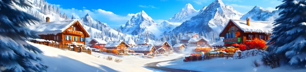 Fototapeta premium A picturesque winter village surrounded by mountains and snow, evoking a serene atmosphere.