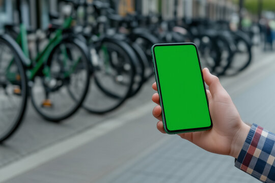 Person holding smartphone with green screen near parked bicycles, Mockup for ecological urban environment