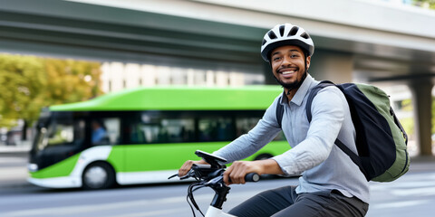 Smiling young man on electric bike traveling in the city with backpack, active and eco-friendly lifestyle