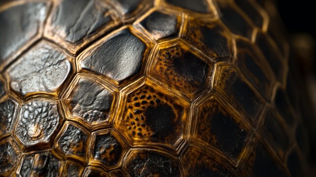 Close-up macro shot of a turtle's shell, showing the detailed texture and pattern of the scales.