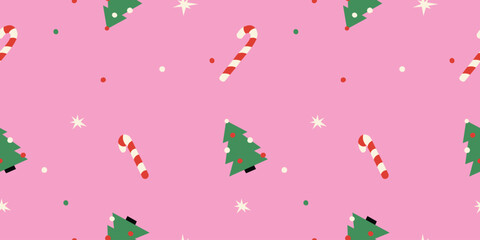 Cute Christmas seamless pattern with candy cane, stars on pink background for holiday designs.