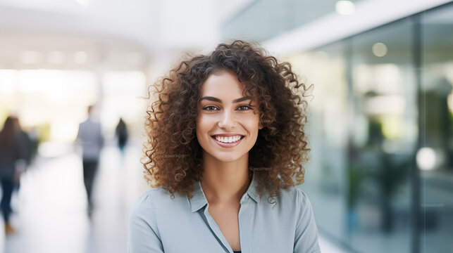 Portrait of a smiling young caucasian woman in the office.
