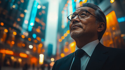 A businessman gazes upwards at vibrant city lights, surrounded by tall buildings in an urban area during evening twilight, reflecting on his surroundings