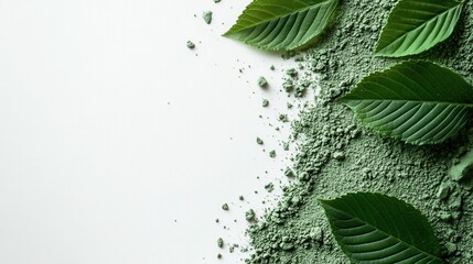 Natural basma powder and fresh basma leaves on a white background with space for text