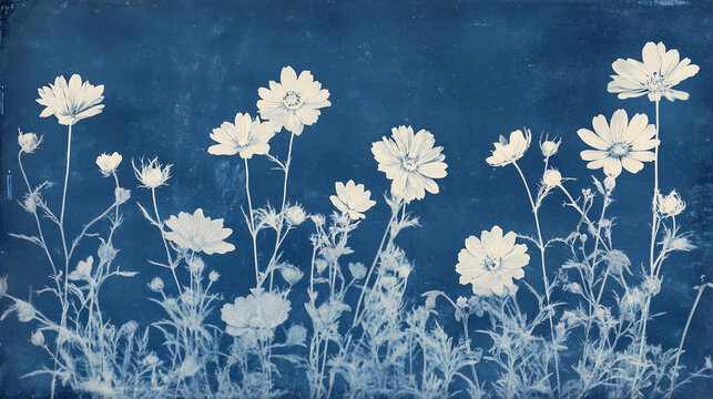 Vintage pressed cyanotype flowers background