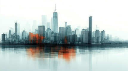 Fototapeta premium A city skyline features tall buildings with vibrant oranges reflected on the water at twilight, showcasing New York's urban beauty and atmosphere