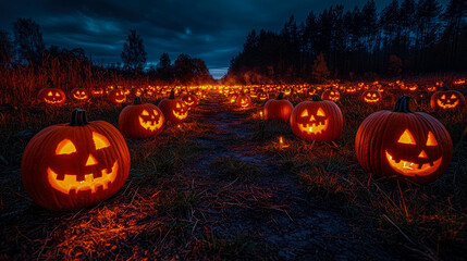 Carved pumpkins light up a dark field, casting eerie shadows during Halloween festivities on a crisp autumn night