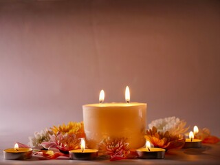Celebration of Diwali or Deepavali holiday in India with candles and flowers in the evening at night close-up. Hindus celebrate the festival of lights, 