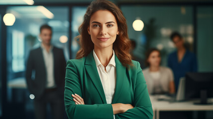 Obraz premium Happy proud prosperous professional business woman ceo executive wearing a suit standing in office arms crossed office blurred background