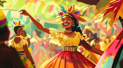 Fototapeta premium Vibrant carnival celebration with joyful dancers in colorful costumes for advertising of travel agencies