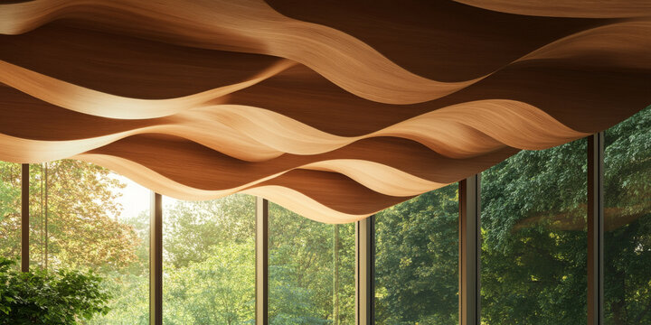 Modern office with wavy wooden ceiling and large windows