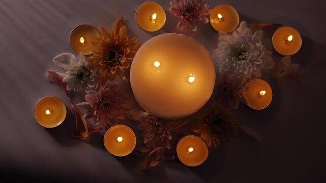 Celebration of Diwali or Deepavali holiday in India with candles and flowers in the evening at night close-up. Hindus celebrate the festival of lights, 