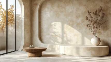 Here's a description and keywords for your stock photo.. Minimalist beige interior with arched wall, sunlit window, wooden coffee table, and ceramic vase.