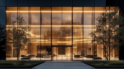 Modern building entrance at night with warm lighting.